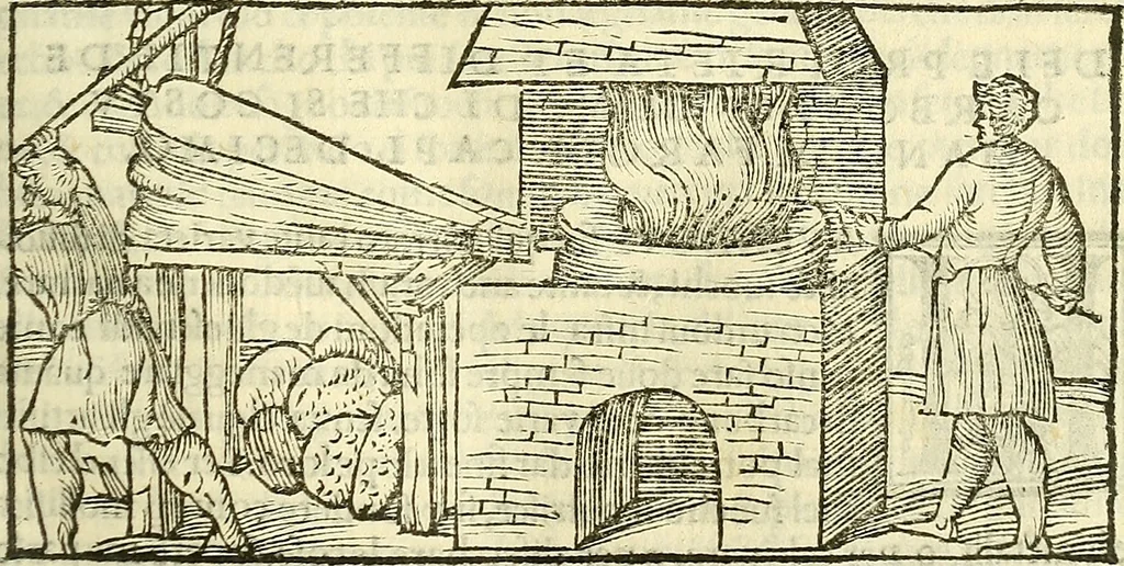 An illustration from De la pirotechnia : Libri X. doue ampiamente si tratta non solo di ogni sorte & diuersita di miniere, ma anchora quanto si ricerca intorno à la prattica di quelle cose di quel che si appartiene à l'arte de la fusione ouer gitto de metalli come d'ogni altra cosa simile à questa, 1540, leaf 138