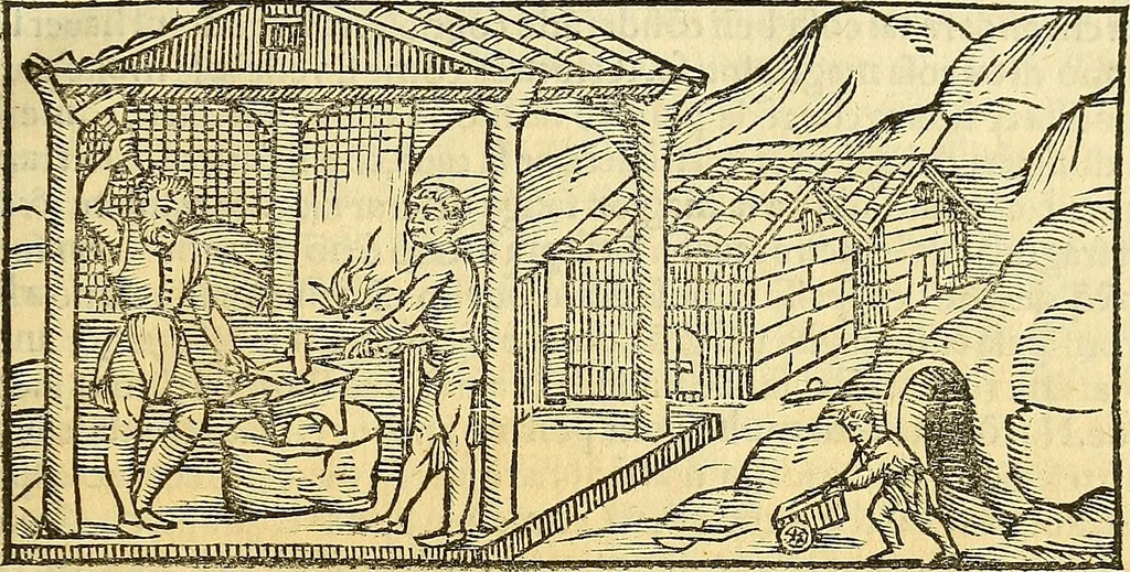 An illustration from De la pirotechnia : Libri X. doue ampiamente si tratta non solo di ogni sorte & diuersita di miniere, ma anchora quanto si ricerca intorno à la prattica di quelle cose di quel che si appartiene à l'arte de la fusione ouer gitto de metalli come d'ogni altra cosa simile à questa, 1540, leaf 14