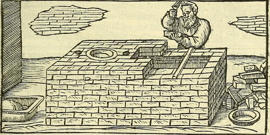An illustration from De la pirotechnia : Libri X. doue ampiamente si tratta non solo di ogni sorte & diuersita di miniere, ma anchora quanto si ricerca intorno à la prattica di quelle cose di quel che si appartiene à l'arte de la fusione ouer gitto de metalli come d'ogni altra cosa simile à questa, 1540, leaf 146