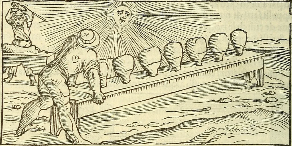 An illustration from De la pirotechnia : Libri X. doue ampiamente si tratta non solo di ogni sorte & diuersita di miniere, ma anchora quanto si ricerca intorno à la prattica di quelle cose di quel che si appartiene à l'arte de la fusione ouer gitto de metalli come d'ogni altra cosa simile à questa, 1540, leaf 147