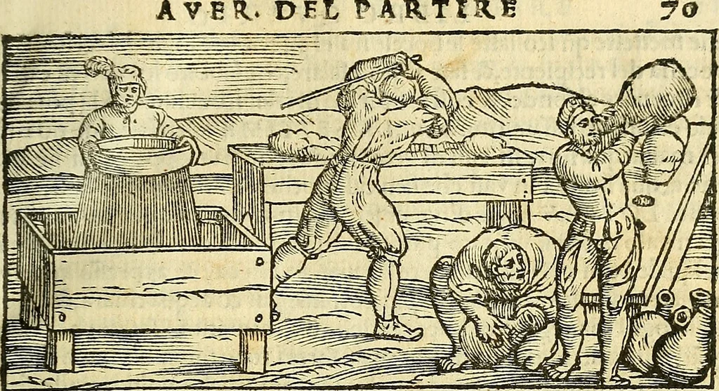 An illustration from De la pirotechnia : Libri X. doue ampiamente si tratta non solo di ogni sorte & diuersita di miniere, ma anchora quanto si ricerca intorno à la prattica di quelle cose di quel che si appartiene à l'arte de la fusione ouer gitto de metalli come d'ogni altra cosa simile à questa, 1540, leaf 158