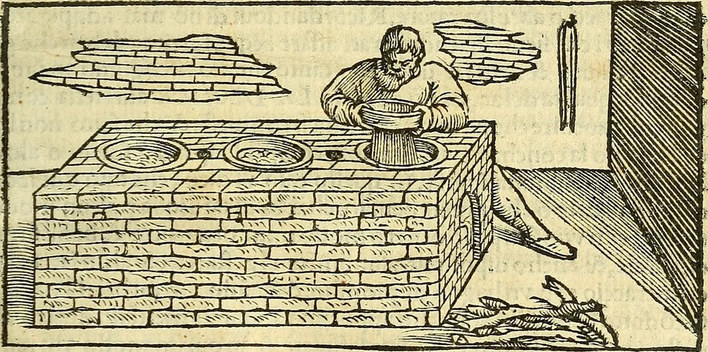 An illustration from De la pirotechnia : Libri X. doue ampiamente si tratta non solo di ogni sorte & diuersita di miniere, ma anchora quanto si ricerca intorno à la prattica di quelle cose di quel che si appartiene à l'arte de la fusione ouer gitto de metalli come d'ogni altra cosa simile à questa, 1540, leaf 158