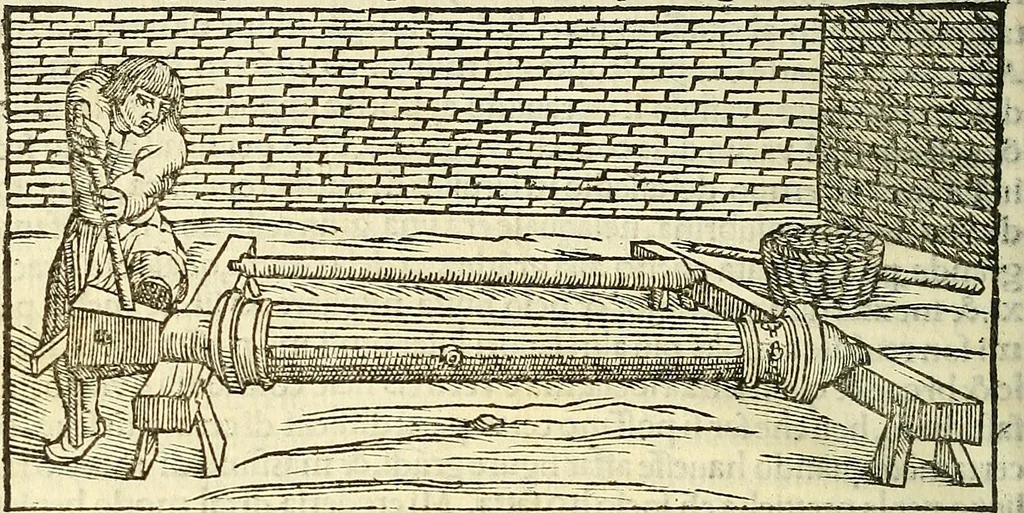 An illustration from De la pirotechnia : Libri X. doue ampiamente si tratta non solo di ogni sorte & diuersita di miniere, ma anchora quanto si ricerca intorno à la prattica di quelle cose di quel che si appartiene à l'arte de la fusione ouer gitto de metalli come d'ogni altra cosa simile à questa, 1540, leaf 185