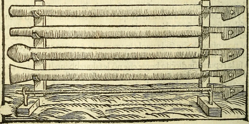 An illustration from De la pirotechnia : Libri X. doue ampiamente si tratta non solo di ogni sorte & diuersita di miniere, ma anchora quanto si ricerca intorno à la prattica di quelle cose di quel che si appartiene à l'arte de la fusione ouer gitto de metalli come d'ogni altra cosa simile à questa, 1540, leaf 191