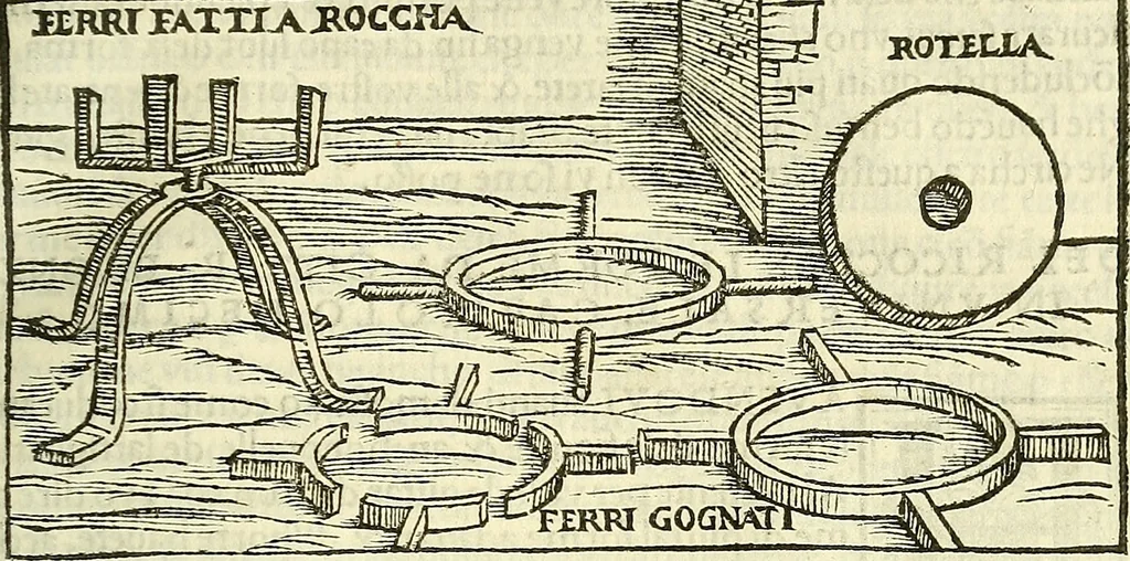 An illustration from De la pirotechnia : Libri X. doue ampiamente si tratta non solo di ogni sorte & diuersita di miniere, ma anchora quanto si ricerca intorno à la prattica di quelle cose di quel che si appartiene à l'arte de la fusione ouer gitto de metalli come d'ogni altra cosa simile à questa, 1540, leaf 196