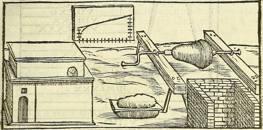 An illustration from De la pirotechnia : Libri X. doue ampiamente si tratta non solo di ogni sorte & diuersita di miniere, ma anchora quanto si ricerca intorno à la prattica di quelle cose di quel che si appartiene à l'arte de la fusione ouer gitto de metalli come d'ogni altra cosa simile à questa, 1540, leaf 214