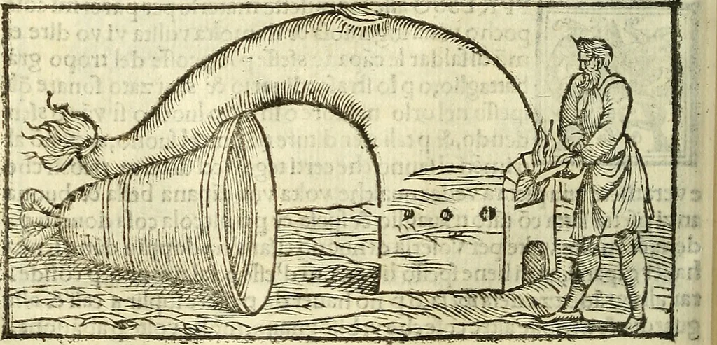 An illustration from De la pirotechnia : Libri X. doue ampiamente si tratta non solo di ogni sorte & diuersita di miniere, ma anchora quanto si ricerca intorno à la prattica di quelle cose di quel che si appartiene à l'arte de la fusione ouer gitto de metalli come d'ogni altra cosa simile à questa, 1540, leaf 219
