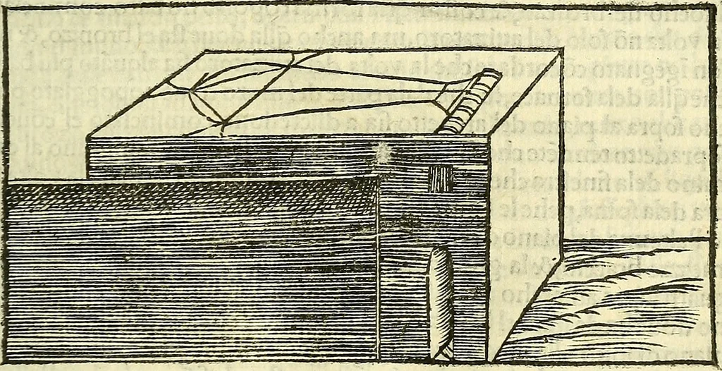 An illustration from De la pirotechnia : Libri X. doue ampiamente si tratta non solo di ogni sorte & diuersita di miniere, ma anchora quanto si ricerca intorno à la prattica di quelle cose di quel che si appartiene à l'arte de la fusione ouer gitto de metalli come d'ogni altra cosa simile à questa, 1540, leaf 222