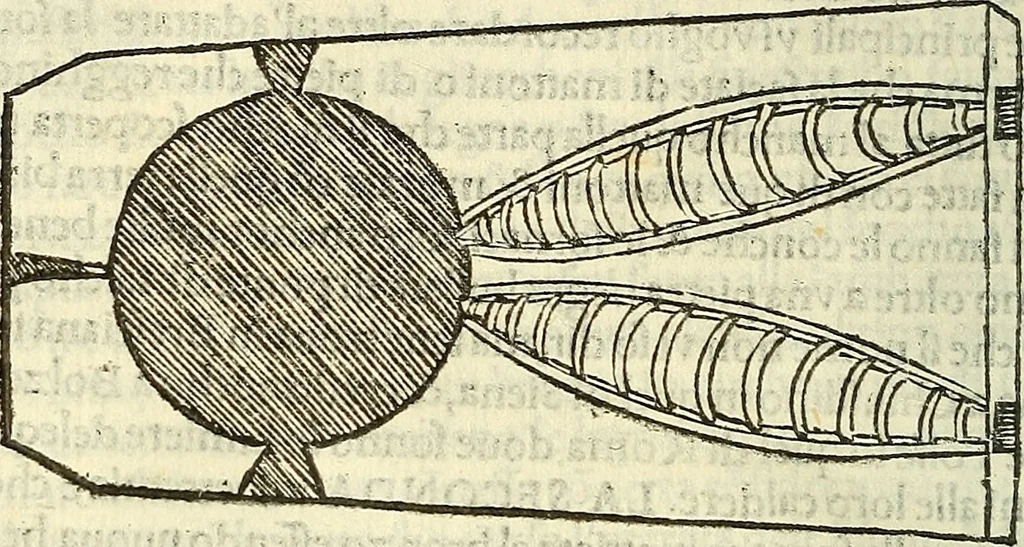 An illustration from De la pirotechnia : Libri X. doue ampiamente si tratta non solo di ogni sorte & diuersita di miniere, ma anchora quanto si ricerca intorno à la prattica di quelle cose di quel che si appartiene à l'arte de la fusione ouer gitto de metalli come d'ogni altra cosa simile à questa, 1540, leaf 225
