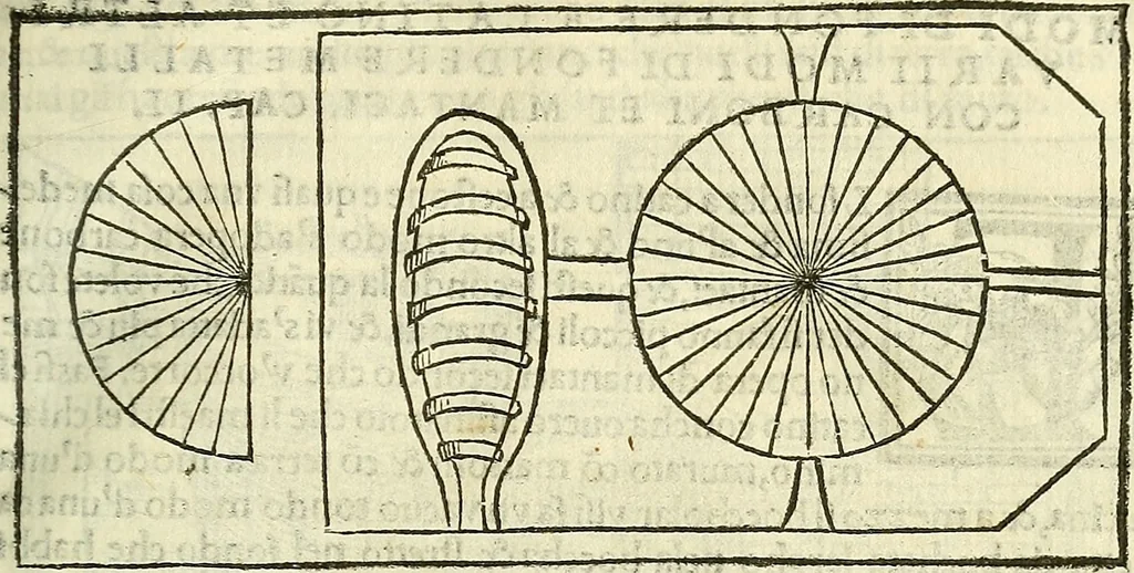 An illustration from De la pirotechnia : Libri X. doue ampiamente si tratta non solo di ogni sorte & diuersita di miniere, ma anchora quanto si ricerca intorno à la prattica di quelle cose di quel che si appartiene à l'arte de la fusione ouer gitto de metalli come d'ogni altra cosa simile à questa, 1540, leaf 226