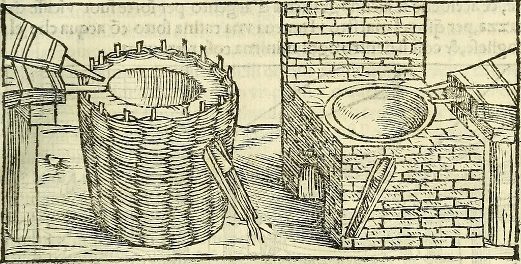 An illustration from De la pirotechnia : Libri X. doue ampiamente si tratta non solo di ogni sorte & diuersita di miniere, ma anchora quanto si ricerca intorno à la prattica di quelle cose di quel che si appartiene à l'arte de la fusione ouer gitto de metalli come d'ogni altra cosa simile à questa, 1540, leaf 228