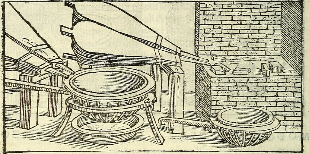 An illustration from De la pirotechnia : Libri X. doue ampiamente si tratta non solo di ogni sorte & diuersita di miniere, ma anchora quanto si ricerca intorno à la prattica di quelle cose di quel che si appartiene à l'arte de la fusione ouer gitto de metalli come d'ogni altra cosa simile à questa, 1540, leaf 229