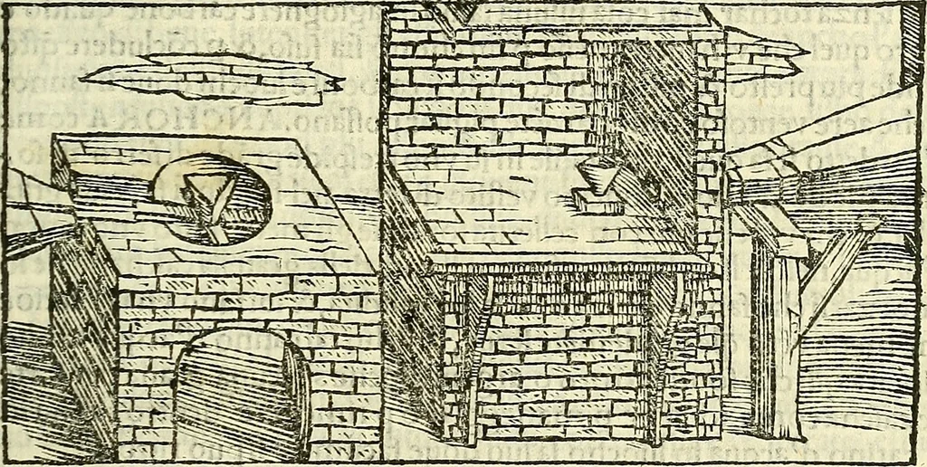 An illustration from De la pirotechnia : Libri X. doue ampiamente si tratta non solo di ogni sorte & diuersita di miniere, ma anchora quanto si ricerca intorno à la prattica di quelle cose di quel che si appartiene à l'arte de la fusione ouer gitto de metalli come d'ogni altra cosa simile à questa, 1540, leaf 230