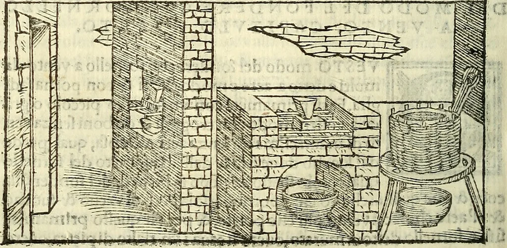 An illustration from De la pirotechnia : Libri X. doue ampiamente si tratta non solo di ogni sorte & diuersita di miniere, ma anchora quanto si ricerca intorno à la prattica di quelle cose di quel che si appartiene à l'arte de la fusione ouer gitto de metalli come d'ogni altra cosa simile à questa, 1540, leaf 231