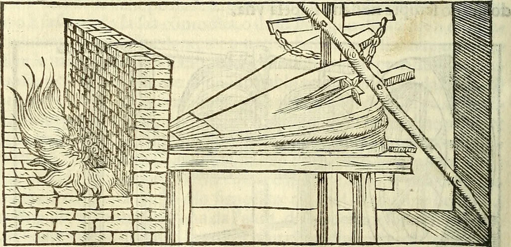 An illustration from De la pirotechnia : Libri X. doue ampiamente si tratta non solo di ogni sorte & diuersita di miniere, ma anchora quanto si ricerca intorno à la prattica di quelle cose di quel che si appartiene à l'arte de la fusione ouer gitto de metalli come d'ogni altra cosa simile à questa, 1540, leaf 239