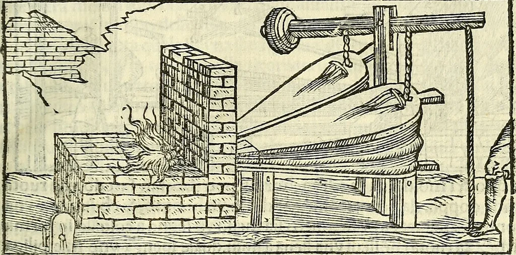 An illustration from De la pirotechnia : Libri X. doue ampiamente si tratta non solo di ogni sorte & diuersita di miniere, ma anchora quanto si ricerca intorno à la prattica di quelle cose di quel che si appartiene à l'arte de la fusione ouer gitto de metalli come d'ogni altra cosa simile à questa, 1540, leaf 240
