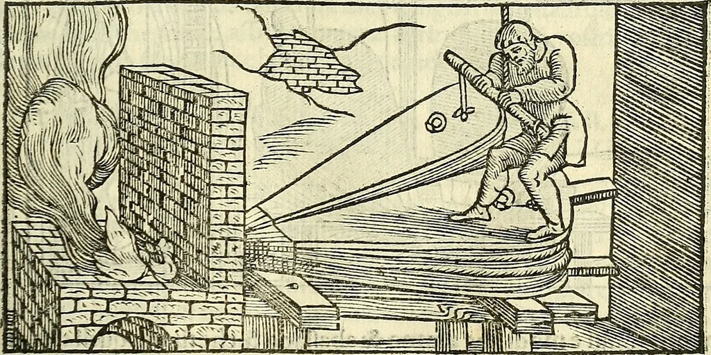 An illustration from De la pirotechnia : Libri X. doue ampiamente si tratta non solo di ogni sorte & diuersita di miniere, ma anchora quanto si ricerca intorno à la prattica di quelle cose di quel che si appartiene à l'arte de la fusione ouer gitto de metalli come d'ogni altra cosa simile à questa, 1540, leaf 240