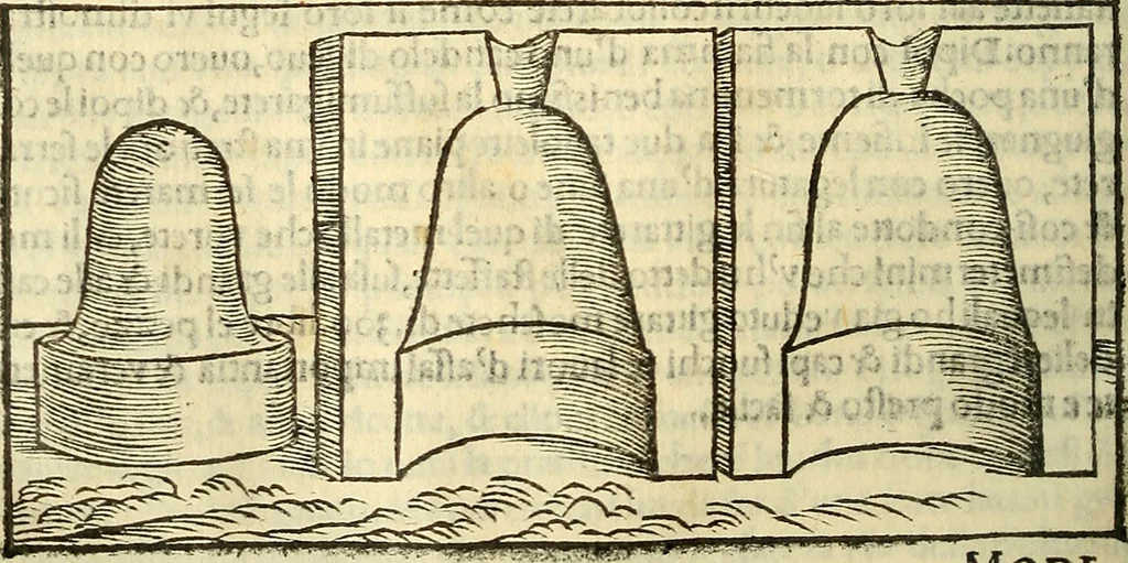 An illustration from De la pirotechnia : Libri X. doue ampiamente si tratta non solo di ogni sorte & diuersita di miniere, ma anchora quanto si ricerca intorno à la prattica di quelle cose di quel che si appartiene à l'arte de la fusione ouer gitto de metalli come d'ogni altra cosa simile à questa, 1540, leaf 259
