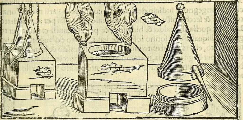 An illustration from De la pirotechnia : Libri X. doue ampiamente si tratta non solo di ogni sorte & diuersita di miniere, ma anchora quanto si ricerca intorno à la prattica di quelle cose di quel che si appartiene à l'arte de la fusione ouer gitto de metalli come d'ogni altra cosa simile à questa, 1540, leaf 270