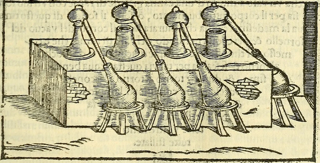 An illustration from De la pirotechnia : Libri X. doue ampiamente si tratta non solo di ogni sorte & diuersita di miniere, ma anchora quanto si ricerca intorno à la prattica di quelle cose di quel che si appartiene à l'arte de la fusione ouer gitto de metalli come d'ogni altra cosa simile à questa, 1540, leaf 270