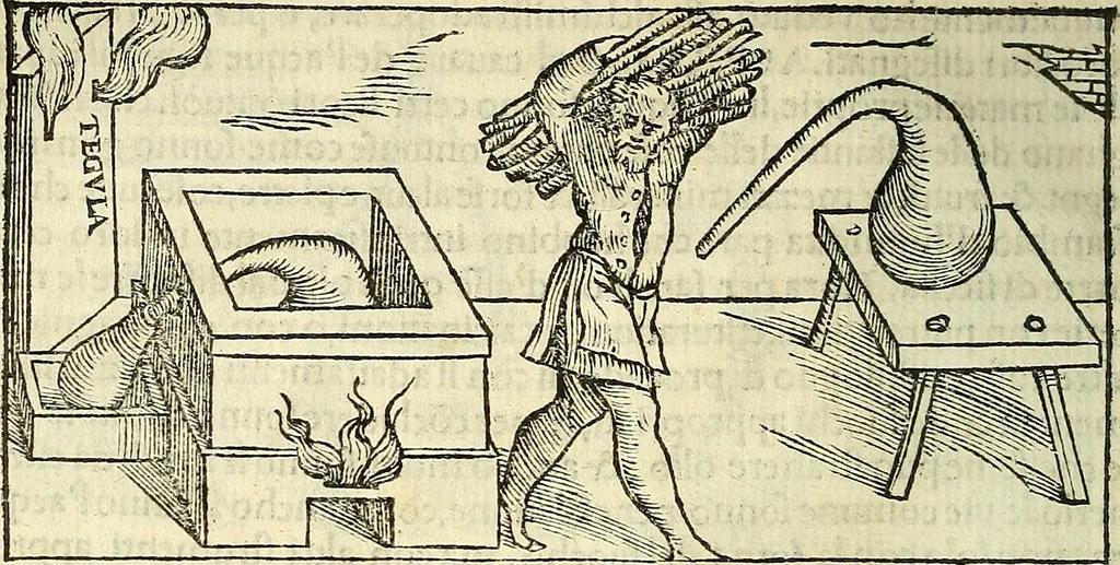 An illustration from De la pirotechnia : Libri X. doue ampiamente si tratta non solo di ogni sorte & diuersita di miniere, ma anchora quanto si ricerca intorno à la prattica di quelle cose di quel che si appartiene à l'arte de la fusione ouer gitto de metalli come d'ogni altra cosa simile à questa, 1540, leaf 277