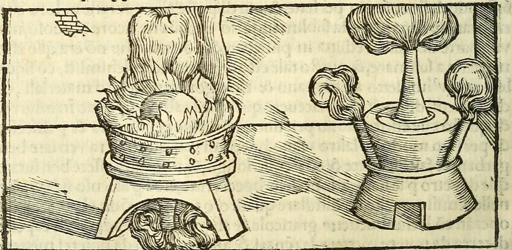 An illustration from De la pirotechnia : Libri X. doue ampiamente si tratta non solo di ogni sorte & diuersita di miniere, ma anchora quanto si ricerca intorno à la prattica di quelle cose di quel che si appartiene à l'arte de la fusione ouer gitto de metalli come d'ogni altra cosa simile à questa, 1540, leaf 279