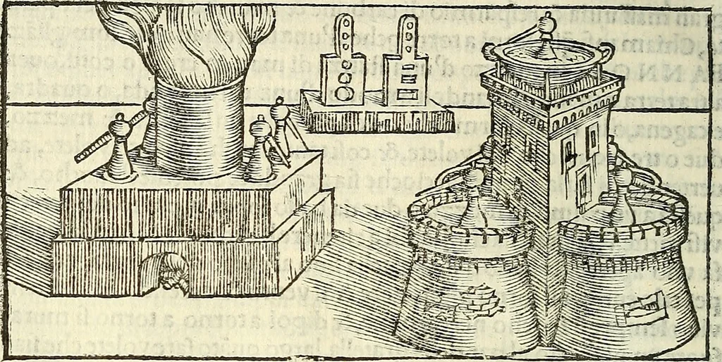 An illustration from De la pirotechnia : Libri X. doue ampiamente si tratta non solo di ogni sorte & diuersita di miniere, ma anchora quanto si ricerca intorno à la prattica di quelle cose di quel che si appartiene à l'arte de la fusione ouer gitto de metalli come d'ogni altra cosa simile à questa, 1540, leaf 281