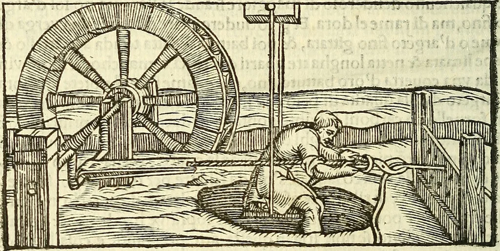 An illustration from De la pirotechnia : Libri X. doue ampiamente si tratta non solo di ogni sorte & diuersita di miniere, ma anchora quanto si ricerca intorno à la prattica di quelle cose di quel che si appartiene à l'arte de la fusione ouer gitto de metalli come d'ogni altra cosa simile à questa, 1540, leaf 299