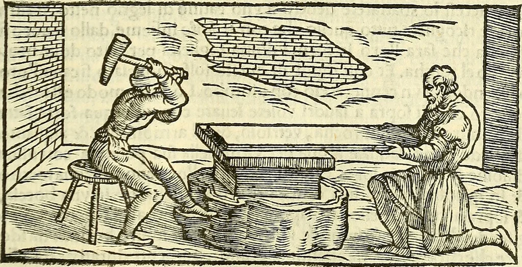 An illustration from De la pirotechnia : Libri X. doue ampiamente si tratta non solo di ogni sorte & diuersita di miniere, ma anchora quanto si ricerca intorno à la prattica di quelle cose di quel che si appartiene à l'arte de la fusione ouer gitto de metalli come d'ogni altra cosa simile à questa, 1540, leaf 300