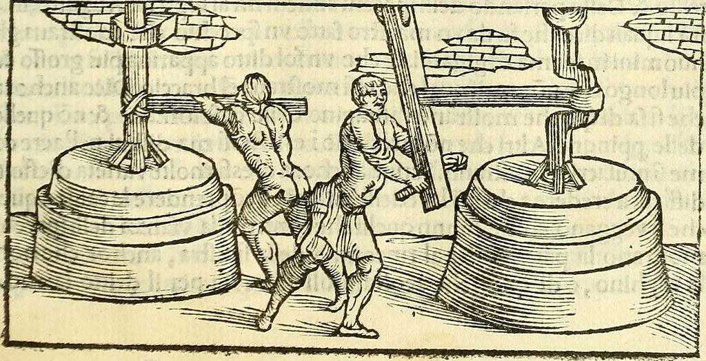 An illustration from De la pirotechnia : Libri X. doue ampiamente si tratta non solo di ogni sorte & diuersita di miniere, ma anchora quanto si ricerca intorno à la prattica di quelle cose di quel che si appartiene à l'arte de la fusione ouer gitto de metalli come d'ogni altra cosa simile à questa, 1540, leaf 302