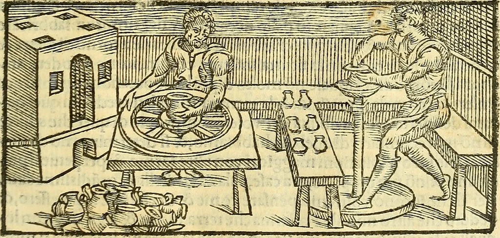 An illustration from De la pirotechnia : Libri X. doue ampiamente si tratta non solo di ogni sorte & diuersita di miniere, ma anchora quanto si ricerca intorno à la prattica di quelle cose di quel che si appartiene à l'arte de la fusione ouer gitto de metalli come d'ogni altra cosa simile à questa, 1540, leaf 310