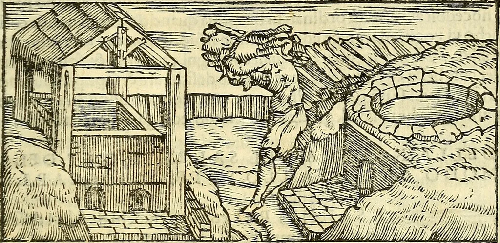 An illustration from De la pirotechnia : Libri X. doue ampiamente si tratta non solo di ogni sorte & diuersita di miniere, ma anchora quanto si ricerca intorno à la prattica di quelle cose di quel che si appartiene à l'arte de la fusione ouer gitto de metalli come d'ogni altra cosa simile à questa, 1540, leaf 316