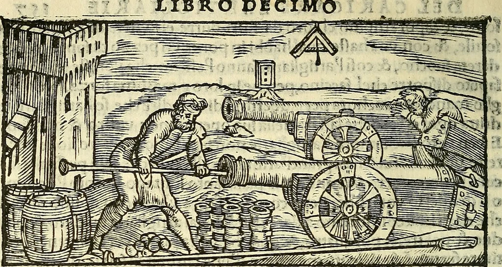 An illustration from De la pirotechnia : Libri X. doue ampiamente si tratta non solo di ogni sorte & diuersita di miniere, ma anchora quanto si ricerca intorno à la prattica di quelle cose di quel che si appartiene à l'arte de la fusione ouer gitto de metalli come d'ogni altra cosa simile à questa, 1540, leaf 333