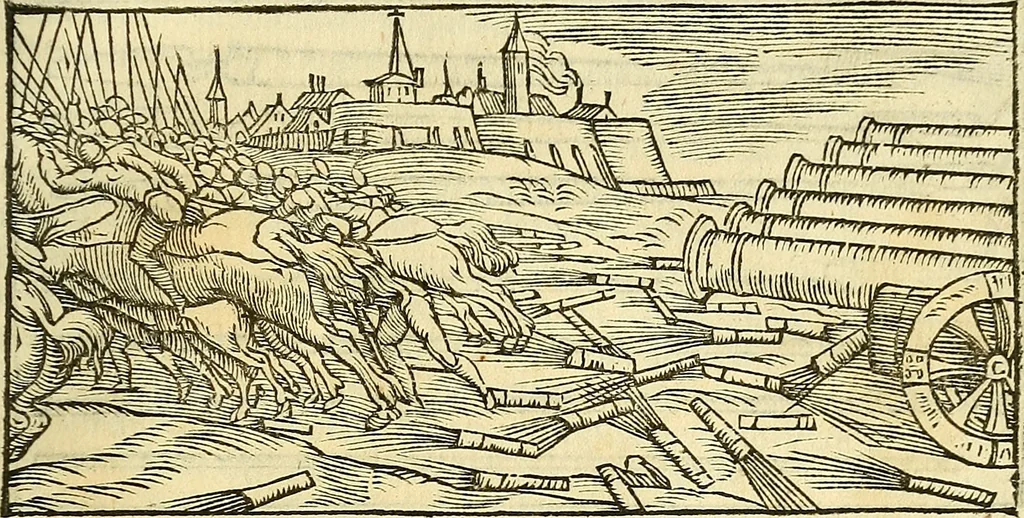 An illustration from De la pirotechnia : Libri X. doue ampiamente si tratta non solo di ogni sorte & diuersita di miniere, ma anchora quanto si ricerca intorno à la prattica di quelle cose di quel che si appartiene à l'arte de la fusione ouer gitto de metalli come d'ogni altra cosa simile à questa, 1540, leaf 342