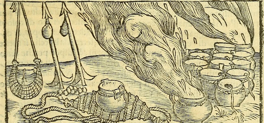 An illustration from De la pirotechnia : Libri X. doue ampiamente si tratta non solo di ogni sorte & diuersita di miniere, ma anchora quanto si ricerca intorno à la prattica di quelle cose di quel che si appartiene à l'arte de la fusione ouer gitto de metalli come d'ogni altra cosa simile à questa, 1540, leaf 344