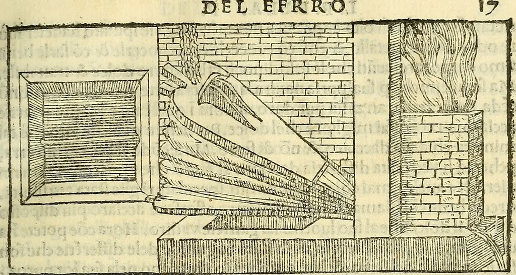 An illustration from De la pirotechnia : Libri X. doue ampiamente si tratta non solo di ogni sorte & diuersita di miniere, ma anchora quanto si ricerca intorno à la prattica di quelle cose di quel che si appartiene à l'arte de la fusione ouer gitto de metalli come d'ogni altra cosa simile à questa, 1540, leaf 52
