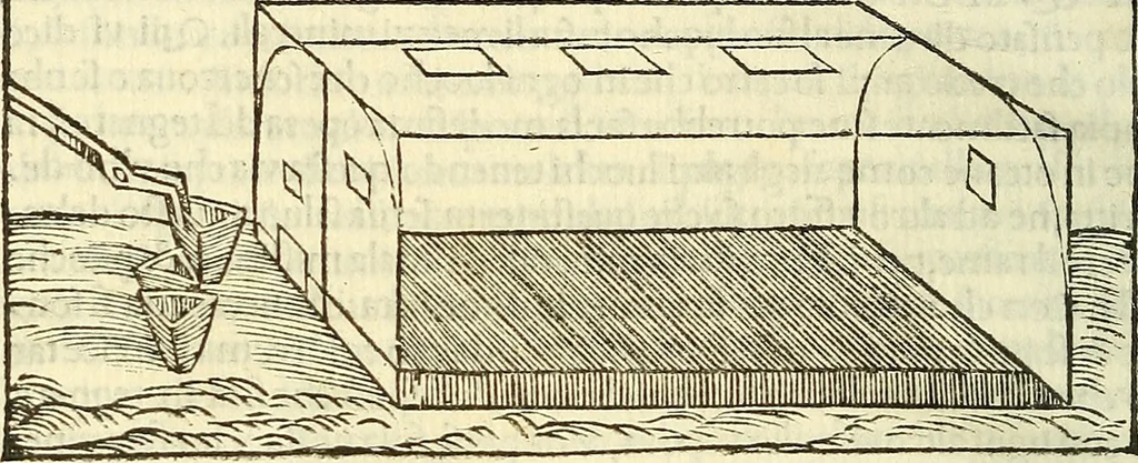An illustration from De la pirotechnia : Libri X. doue ampiamente si tratta non solo di ogni sorte & diuersita di miniere, ma anchora quanto si ricerca intorno à la prattica di quelle cose di quel che si appartiene à l'arte de la fusione ouer gitto de metalli come d'ogni altra cosa simile à questa, 1540, leaf 61