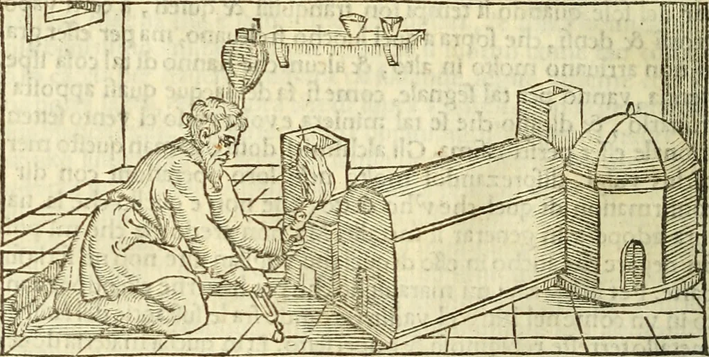 An illustration from De la pirotechnia : Libri X. doue ampiamente si tratta non solo di ogni sorte & diuersita di miniere, ma anchora quanto si ricerca intorno à la prattica di quelle cose di quel che si appartiene à l'arte de la fusione ouer gitto de metalli come d'ogni altra cosa simile à questa, 1540, leaf 67