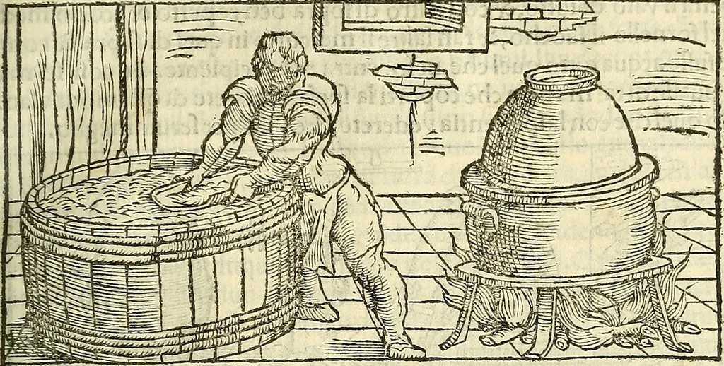 An illustration from De la pirotechnia : Libri X. doue ampiamente si tratta non solo di ogni sorte & diuersita di miniere, ma anchora quanto si ricerca intorno à la prattica di quelle cose di quel che si appartiene à l'arte de la fusione ouer gitto de metalli come d'ogni altra cosa simile à questa, 1540, leaf 68
