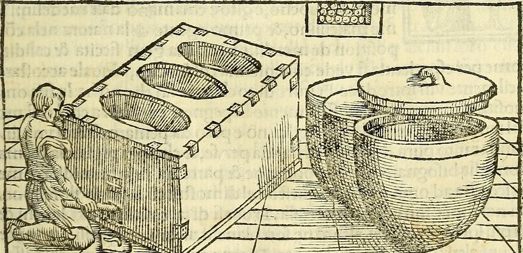 An illustration from De la pirotechnia : Libri X. doue ampiamente si tratta non solo di ogni sorte & diuersita di miniere, ma anchora quanto si ricerca intorno à la prattica di quelle cose di quel che si appartiene à l'arte de la fusione ouer gitto de metalli come d'ogni altra cosa simile à questa, 1540, leaf 68