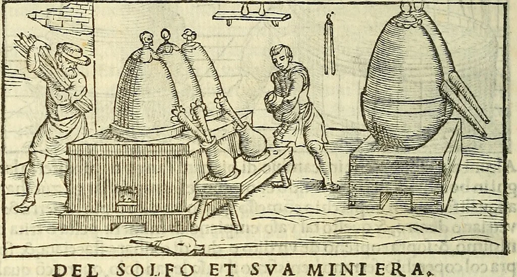 An illustration from De la pirotechnia : Libri X. doue ampiamente si tratta non solo di ogni sorte & diuersita di miniere, ma anchora quanto si ricerca intorno à la prattica di quelle cose di quel che si appartiene à l'arte de la fusione ouer gitto de metalli come d'ogni altra cosa simile à questa, 1540, leaf 69