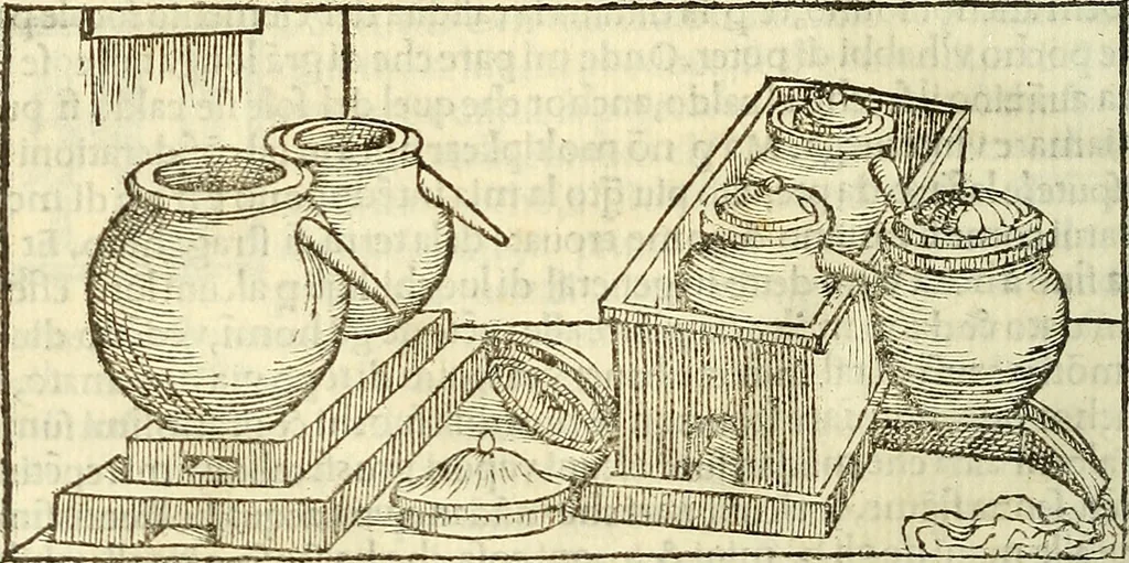 An illustration from De la pirotechnia : Libri X. doue ampiamente si tratta non solo di ogni sorte & diuersita di miniere, ma anchora quanto si ricerca intorno à la prattica di quelle cose di quel che si appartiene à l'arte de la fusione ouer gitto de metalli come d'ogni altra cosa simile à questa, 1540, leaf 71