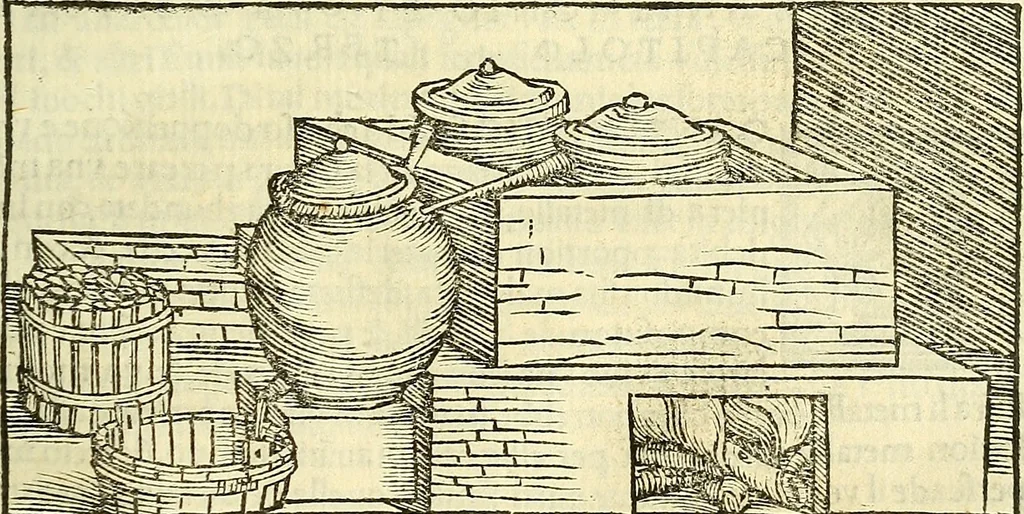 An illustration from De la pirotechnia : Libri X. doue ampiamente si tratta non solo di ogni sorte & diuersita di miniere, ma anchora quanto si ricerca intorno à la prattica di quelle cose di quel che si appartiene à l'arte de la fusione ouer gitto de metalli come d'ogni altra cosa simile à questa, 1540, leaf 72