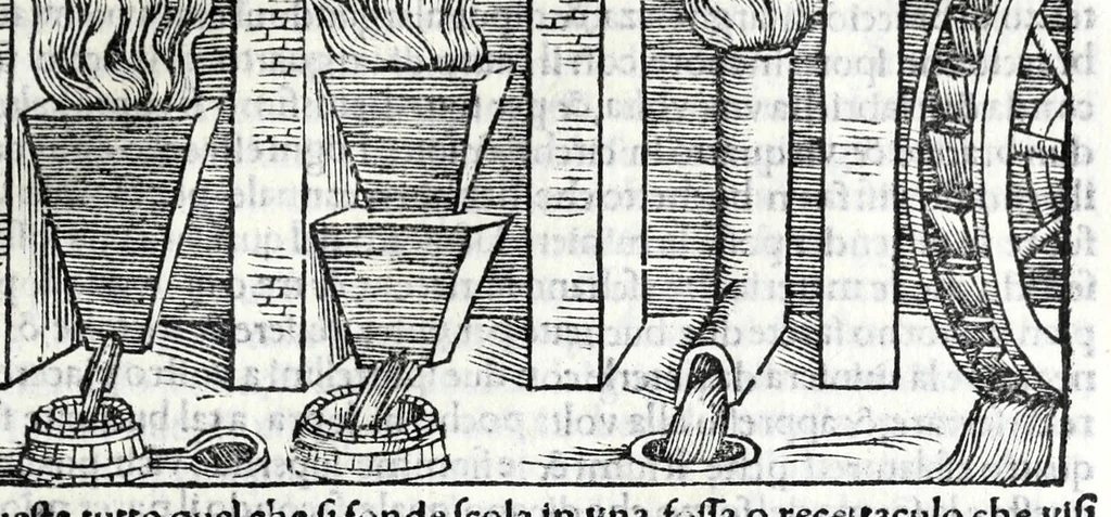 An illustration from De la pirotechnia libri X. : dove ampiamente si tratta non solo di ogni sorte & diuersita di miniere, ma anchora quanto si ricerca intorno à la prattica di quelle cose, di quel che si appartiene à l'arte de la fusione, ouer gitto de metalli, come d'ogni altra cosa simile à questa, 1540, leaf 125