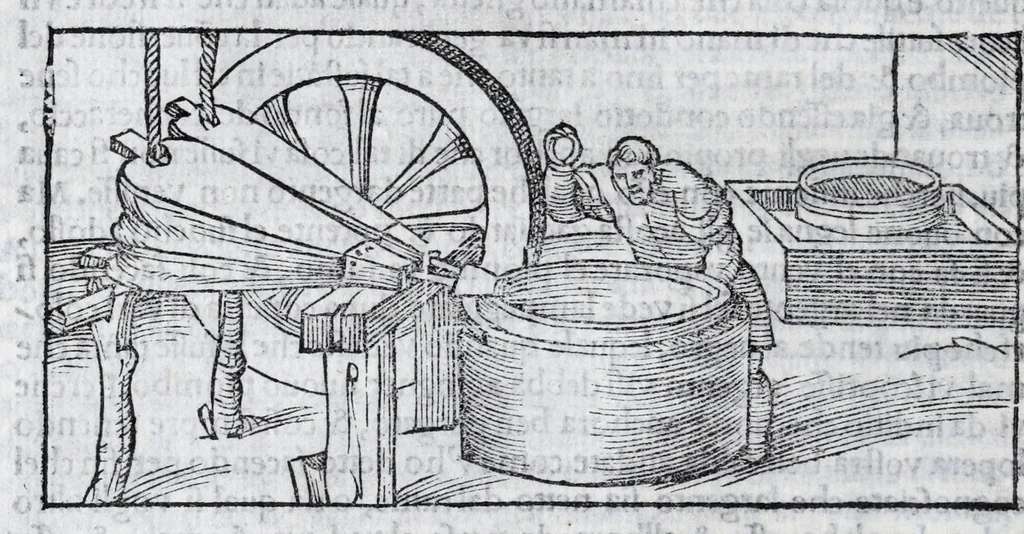An illustration from De la pirotechnia libri X. : dove ampiamente si tratta non solo di ogni sorte & diuersita di miniere, ma anchora quanto si ricerca intorno à la prattica di quelle cose, di quel che si appartiene à l'arte de la fusione, ouer gitto de metalli, come d'ogni altra cosa simile à questa, 1540, leaf 138