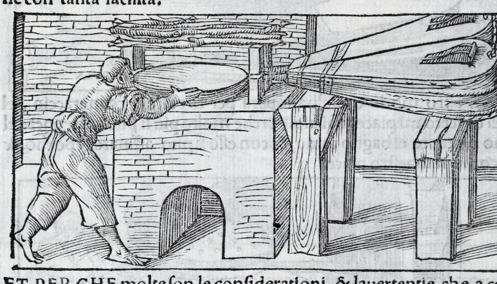 An illustration from De la pirotechnia libri X. : dove ampiamente si tratta non solo di ogni sorte & diuersita di miniere, ma anchora quanto si ricerca intorno à la prattica di quelle cose, di quel che si appartiene à l'arte de la fusione, ouer gitto de metalli, come d'ogni altra cosa simile à questa, 1540, leaf 140