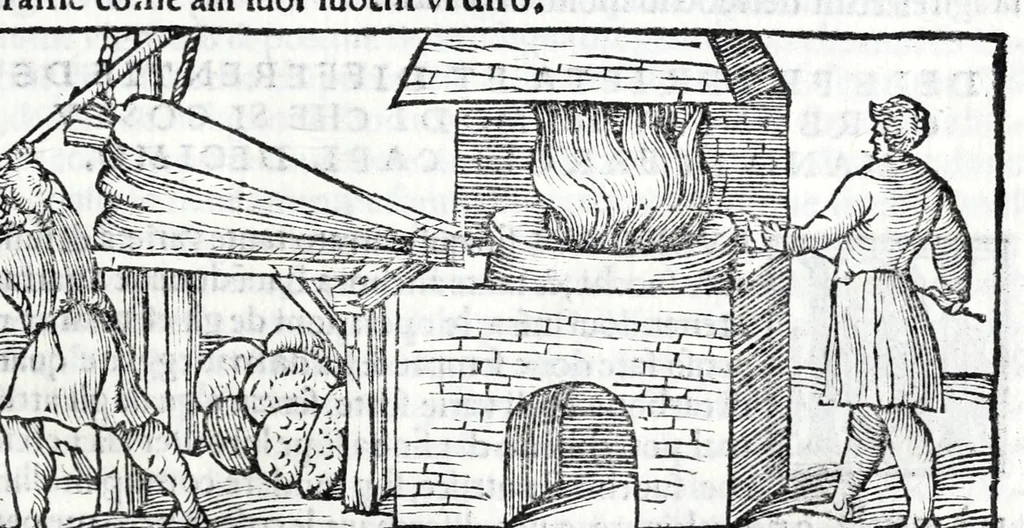 An illustration from De la pirotechnia libri X. : dove ampiamente si tratta non solo di ogni sorte & diuersita di miniere, ma anchora quanto si ricerca intorno à la prattica di quelle cose, di quel che si appartiene à l'arte de la fusione, ouer gitto de metalli, come d'ogni altra cosa simile à questa, 1540, leaf 143