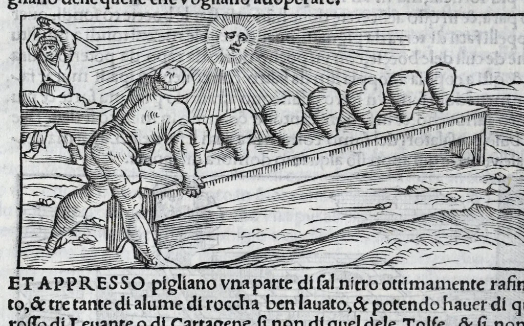 An illustration from De la pirotechnia libri X. : dove ampiamente si tratta non solo di ogni sorte & diuersita di miniere, ma anchora quanto si ricerca intorno à la prattica di quelle cose, di quel che si appartiene à l'arte de la fusione, ouer gitto de metalli, come d'ogni altra cosa simile à questa, 1540, leaf 154