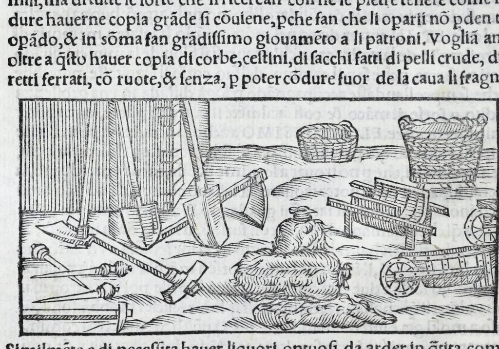An illustration from De la pirotechnia libri X. : dove ampiamente si tratta non solo di ogni sorte & diuersita di miniere, ma anchora quanto si ricerca intorno à la prattica di quelle cose, di quel che si appartiene à l'arte de la fusione, ouer gitto de metalli, come d'ogni altra cosa simile à questa, 1540, leaf 20