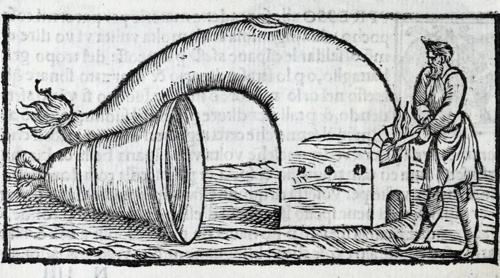An illustration from De la pirotechnia libri X. : dove ampiamente si tratta non solo di ogni sorte & diuersita di miniere, ma anchora quanto si ricerca intorno à la prattica di quelle cose, di quel che si appartiene à l'arte de la fusione, ouer gitto de metalli, come d'ogni altra cosa simile à questa, 1540, leaf 230